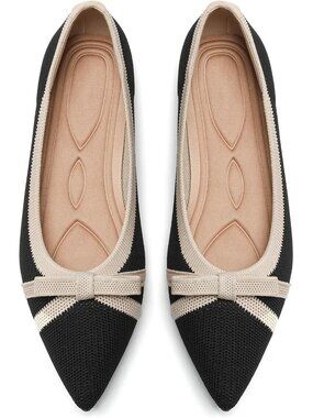 🆕 Women's Knit Ballet Flats Pointed Toe Bow Tie Comfortable Casual Black Shoes